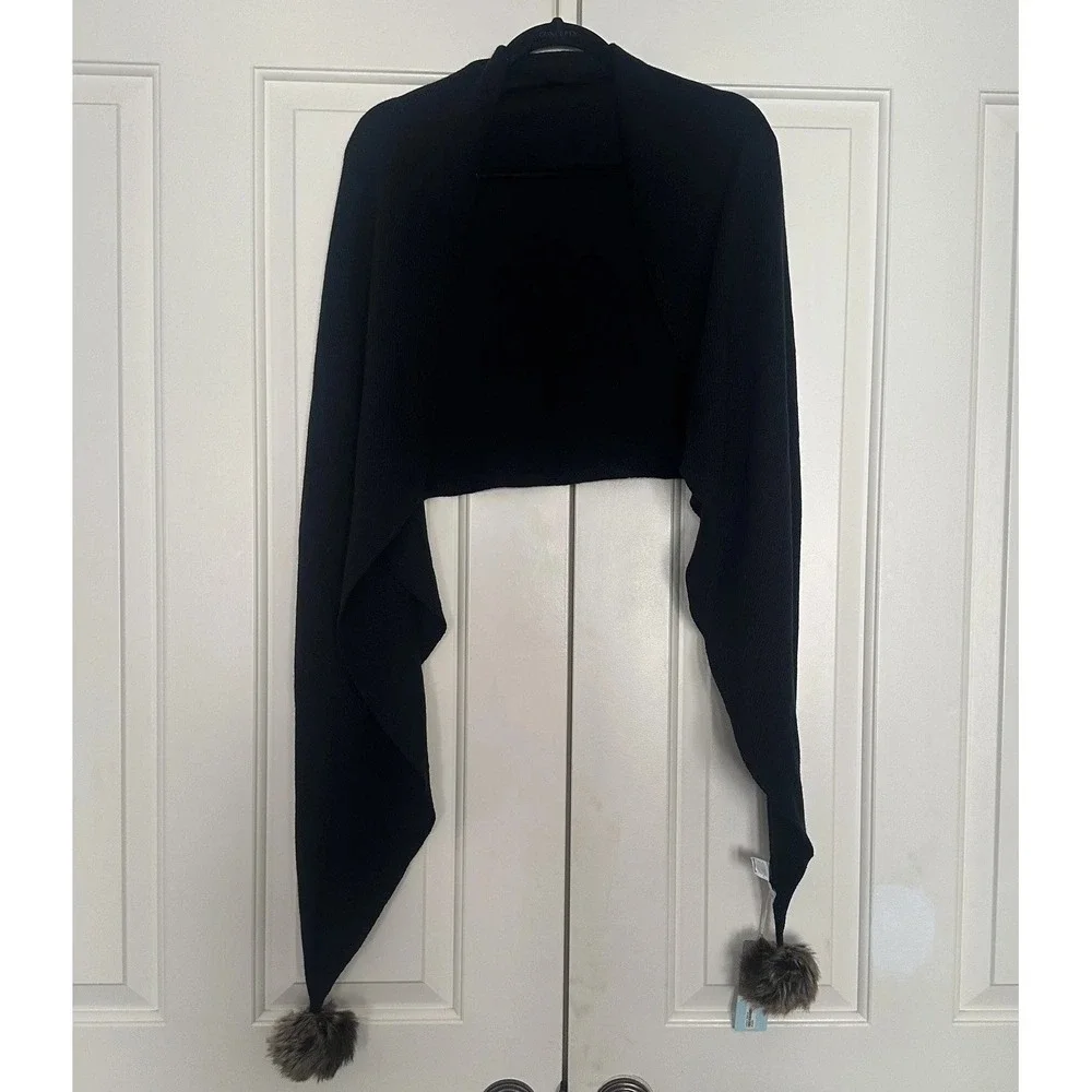 Mud Pie Scarf Womens‎ One Size Black Knit Pom Pom Faux Fur Wrap Shawl Winter